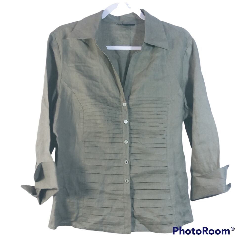 Tracy M Green Linen Button Front Blouse Natural Coastal Grandma Size XL